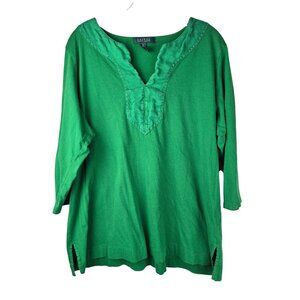 Lauren Ralph Lauren Womens Green Cotton Tunic Shirt 2X Relaxed Fit Split Hem